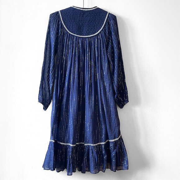 Vintage 70s 80s Silver Metal Lurex & Blue Cotton Gauze Indian Quilted Bib Dress - Picture 10 of 11
